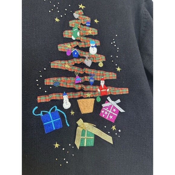 Vintage Black Christmas Cardiagn Petite Large Front Back Holiday Graphic Festive - Picture 10 of 13